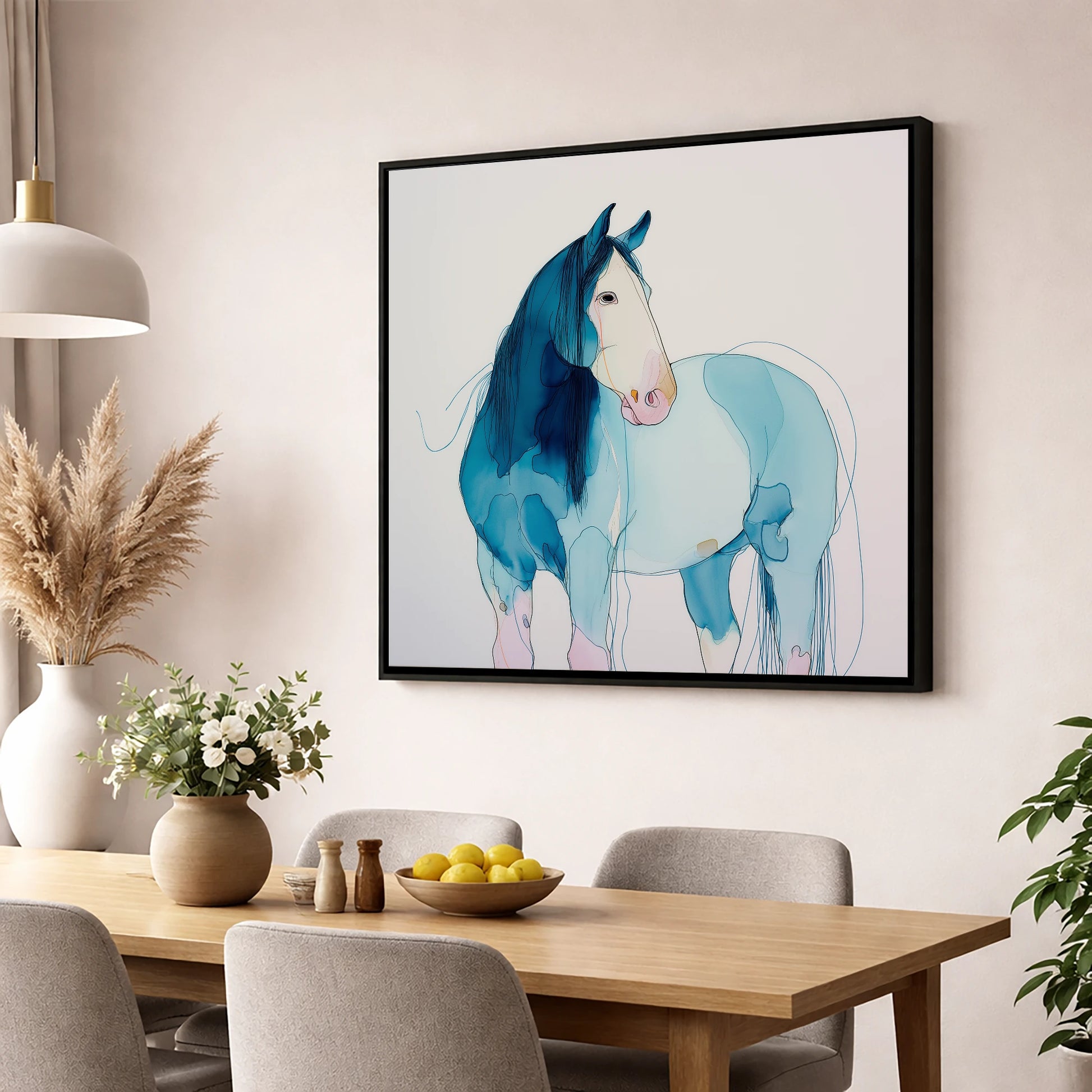 Ethereal Blue Equine horse breed wall art displayed in a dining room