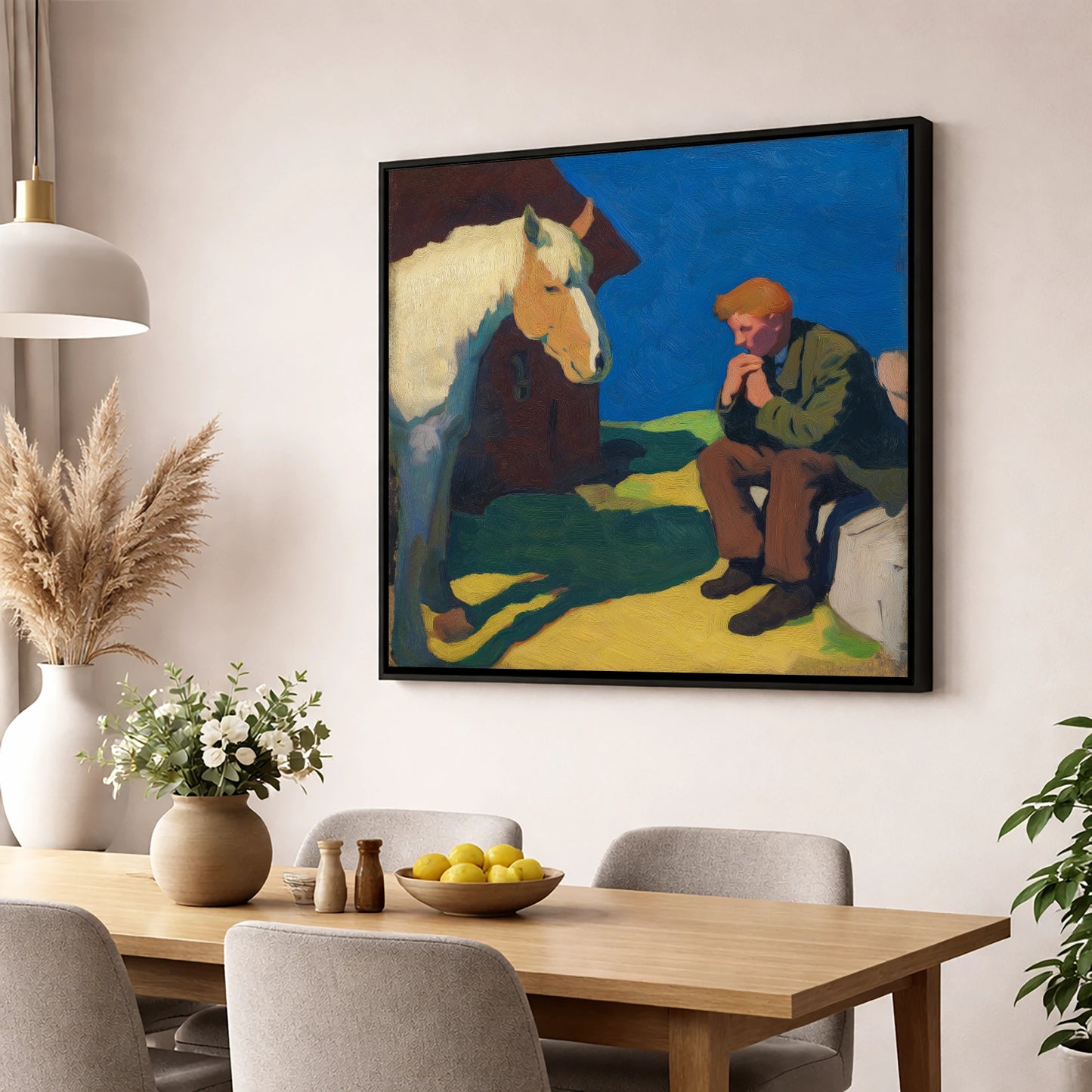 The Quiet Bond horse & rider wall art displayed in a dining room