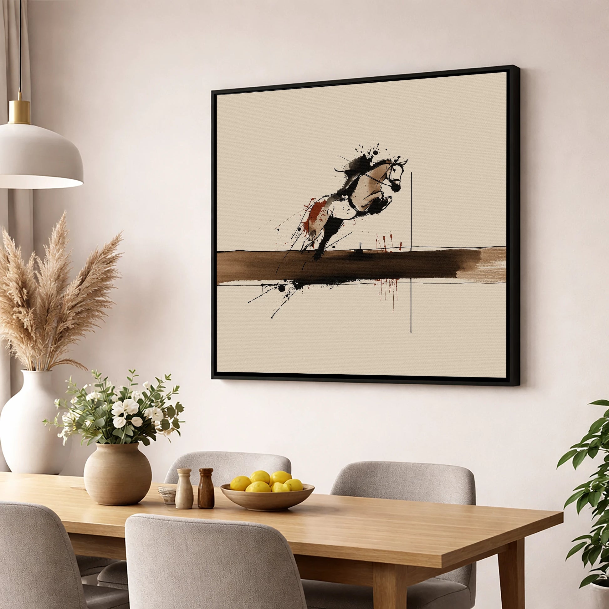 Moment of Suspension show jumping horse wall art displayed in a dining room