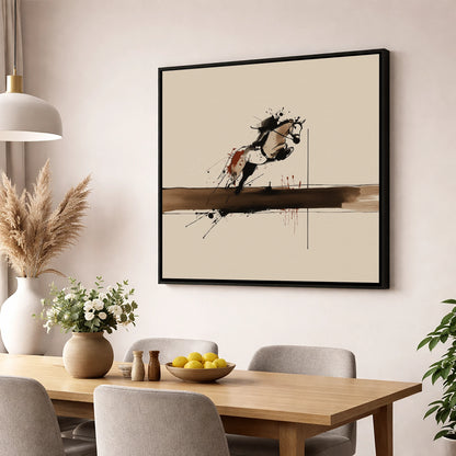 Moment of Suspension show jumping horse wall art displayed in a dining room