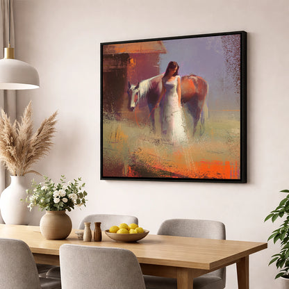A Quiet Bond horse & rider wall art displayed in a dining room