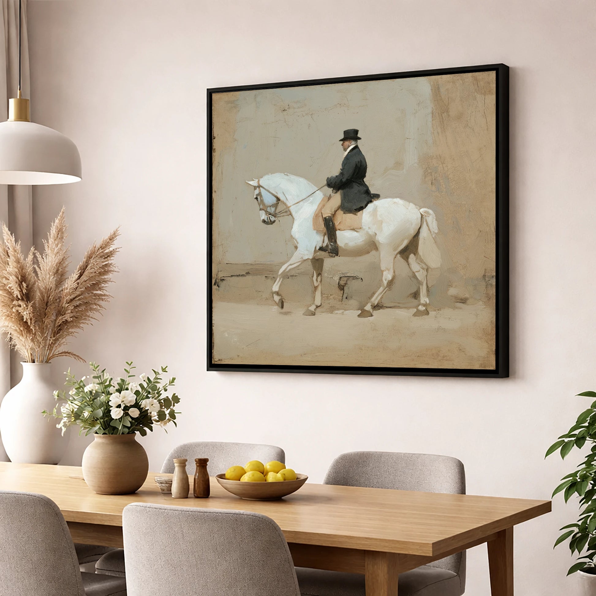 Classical Harmony dressage horse wall art displayed in a dining room