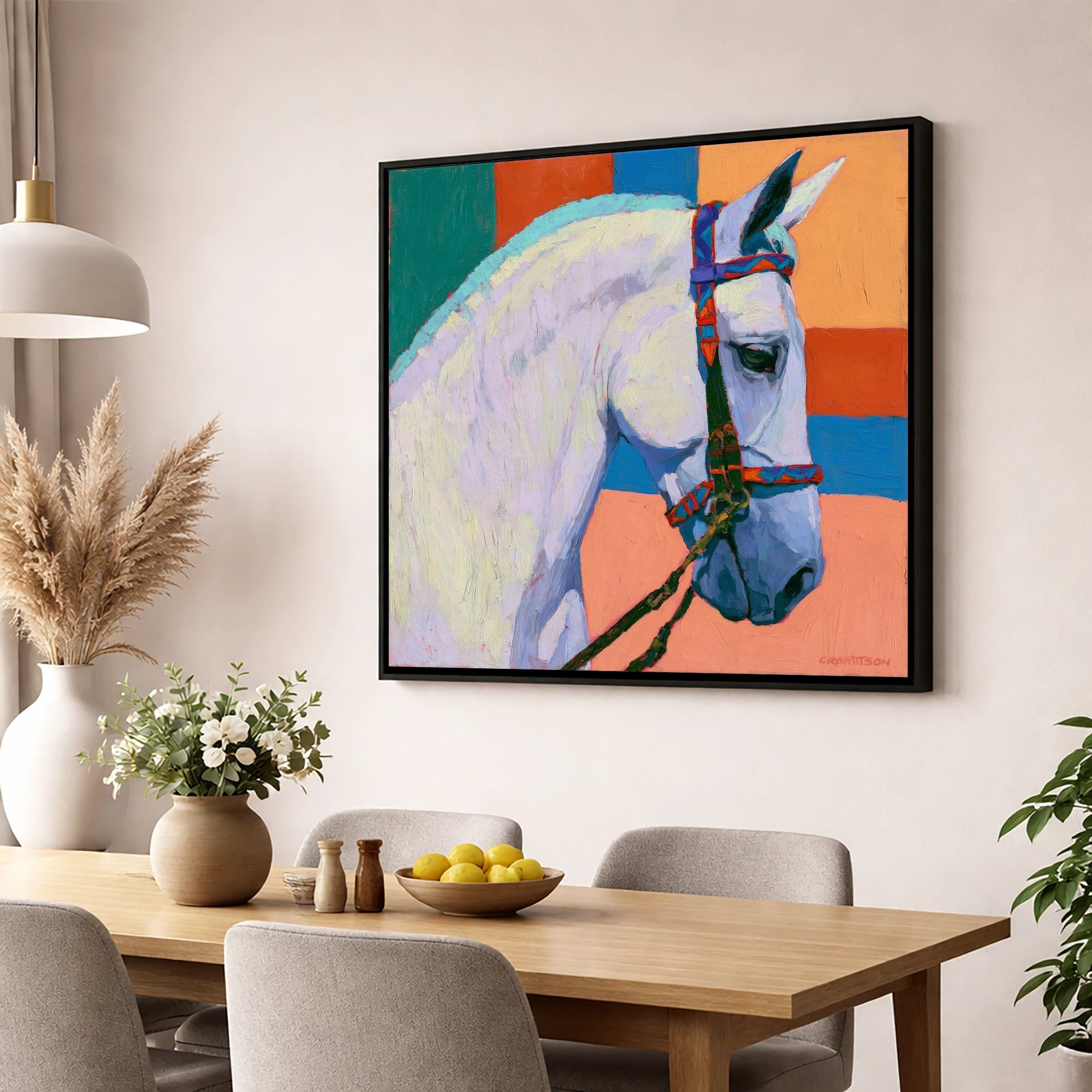 Grey Horse With Patterned Bridle horse breed wall art displayed in a dining room