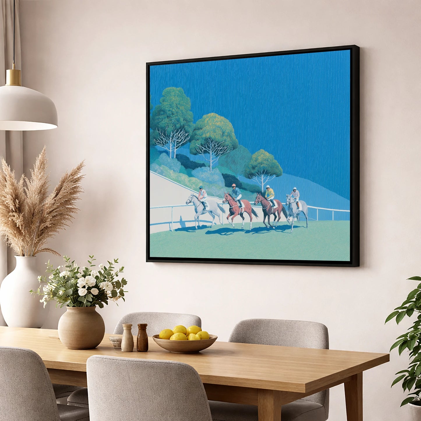 The Cerulean Sprint racing horse wall art displayed in a dining room