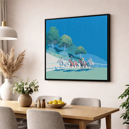 The Cerulean Sprint racing horse wall art displayed in a dining room