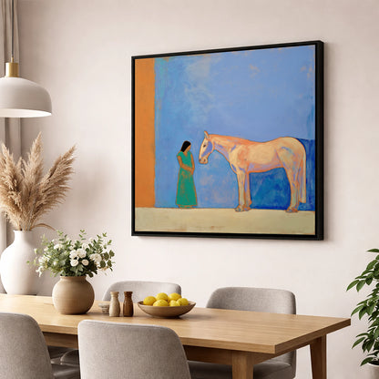 Silent Understanding horse & rider wall art displayed in a dining room