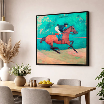 Rhythm in Emerald racing horse wall art displayed in a dining room