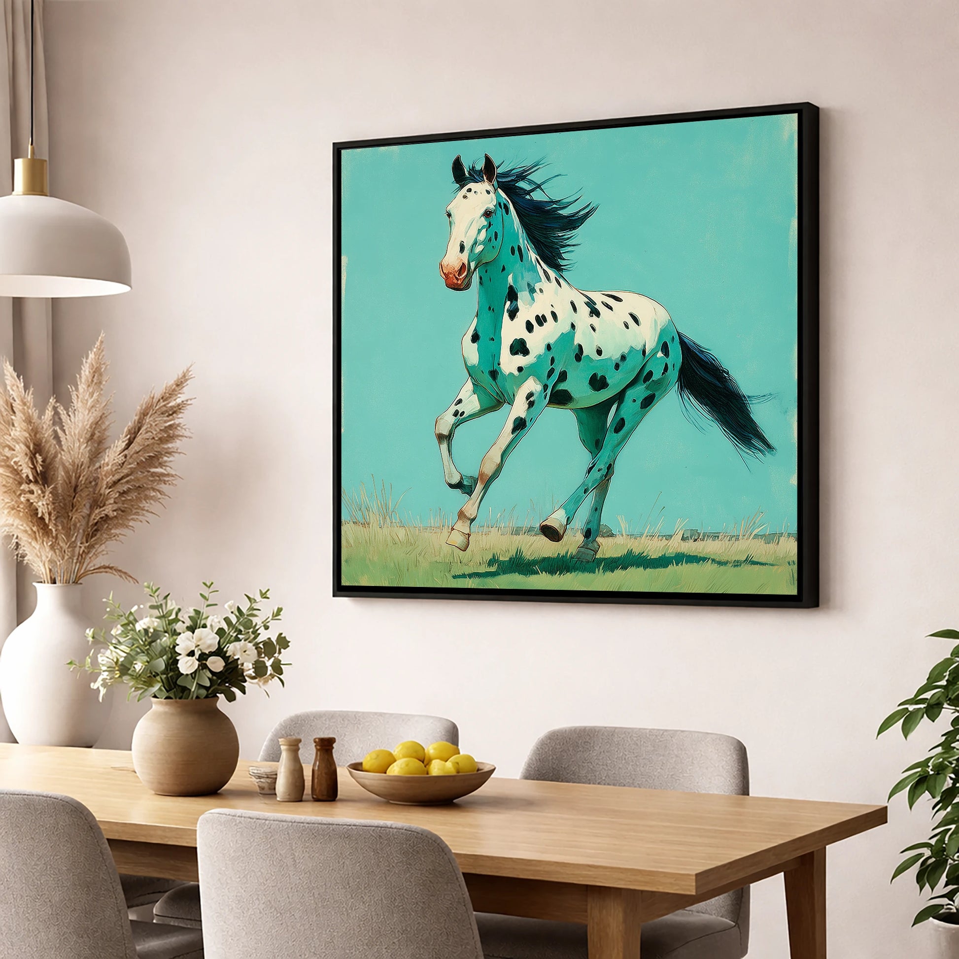 Teal Leopard Appaloosa horse breed wall art displayed in a dining room