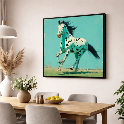 Teal Leopard Appaloosa horse breed wall art displayed in a dining room
