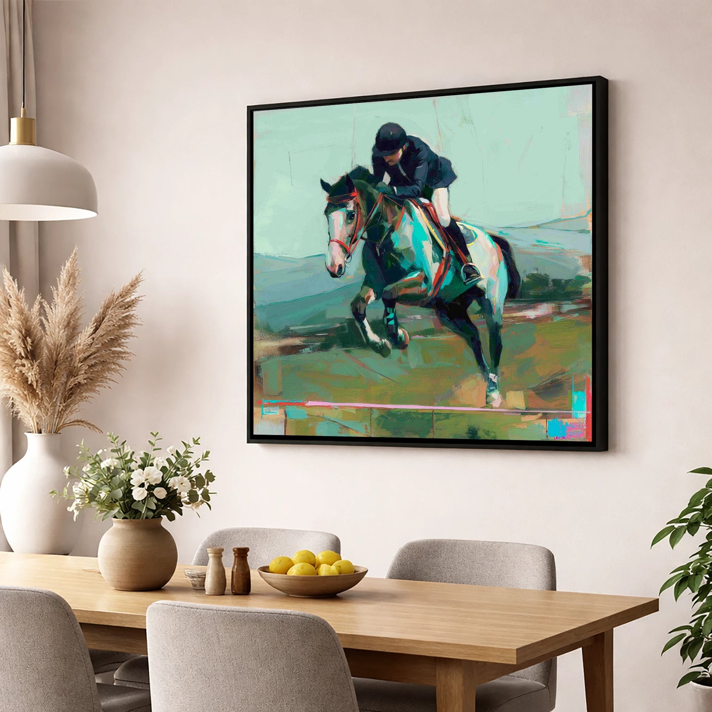The Bold Clear show jumping horse wall art displayed in a dining room