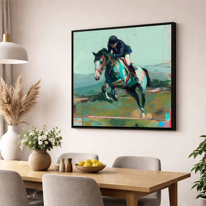 The Bold Clear show jumping horse wall art displayed in a dining room