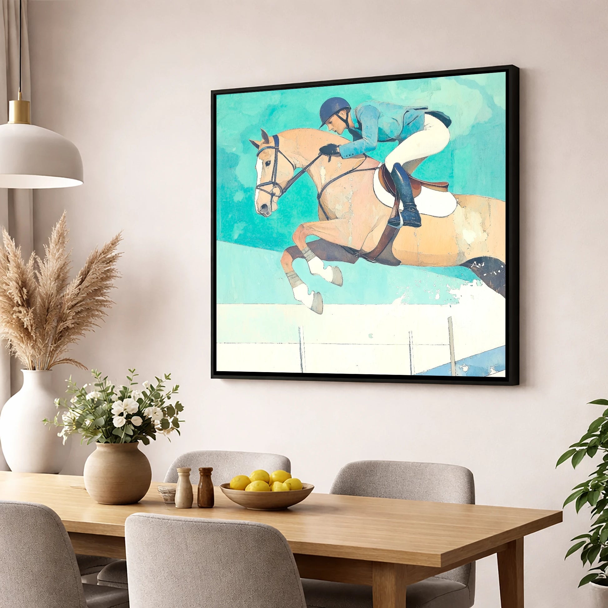 Aquamarine Flight show jumping horse wall art displayed in a dining room