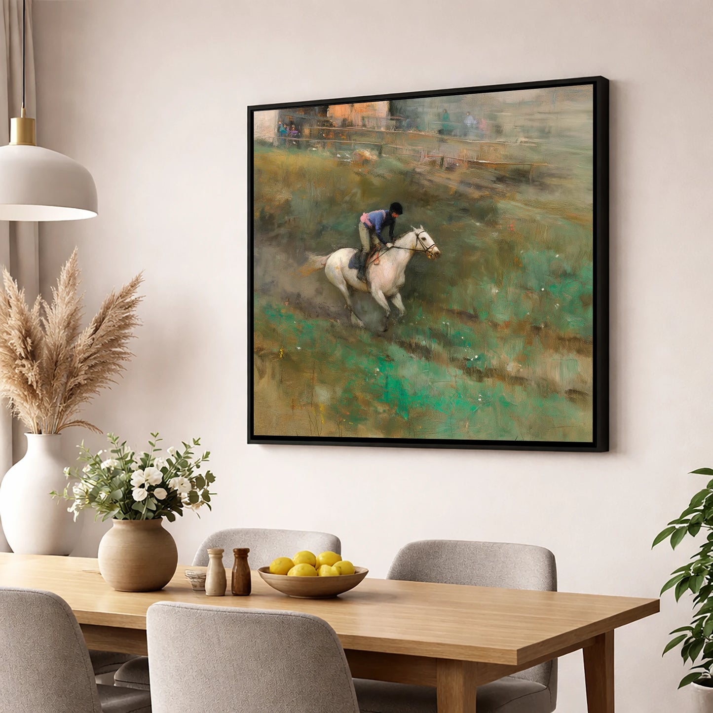 Through the Morning Mist racing horse wall art displayed in a dining room