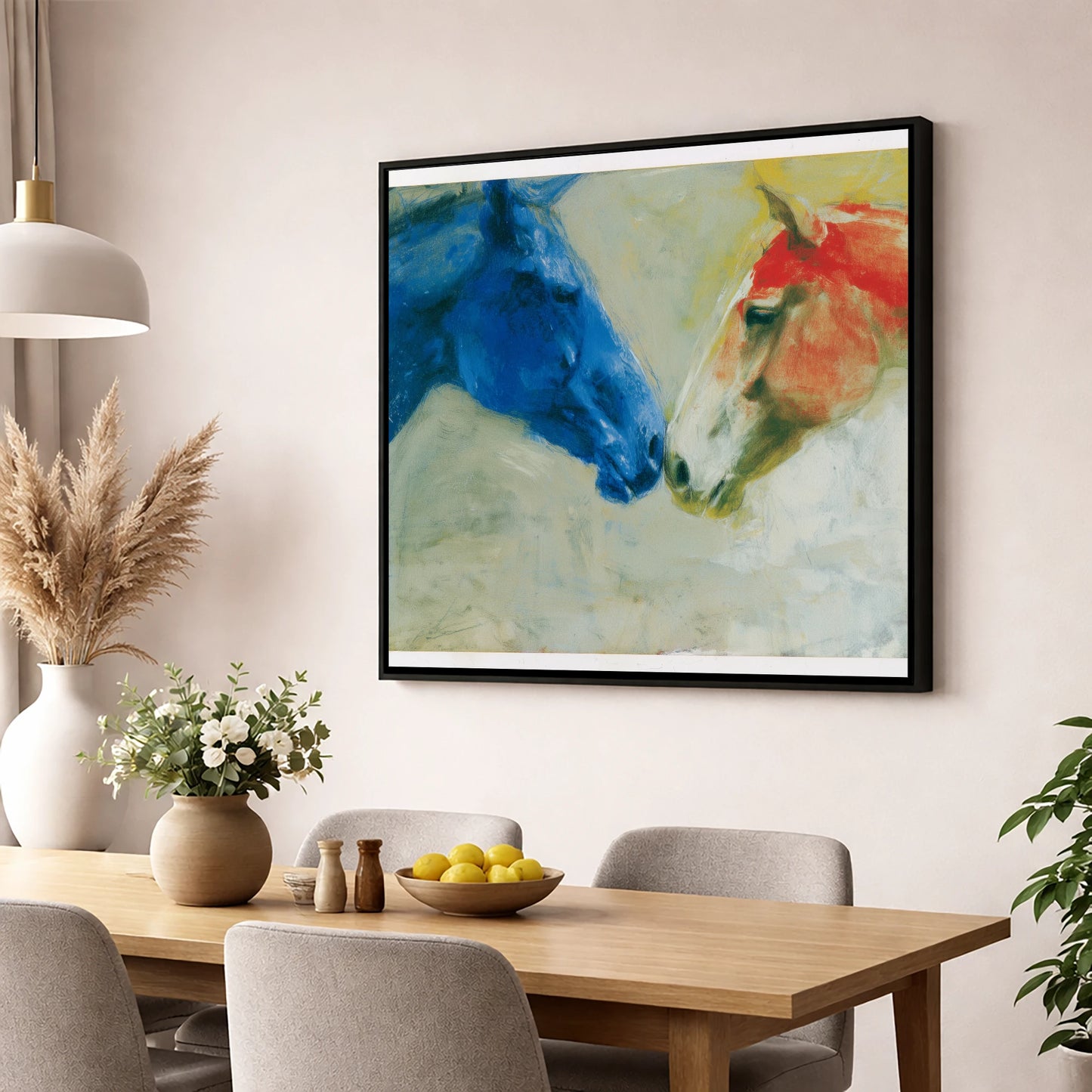 Cerulean and Crimson Bond horse portrait wall art displayed in a dining room