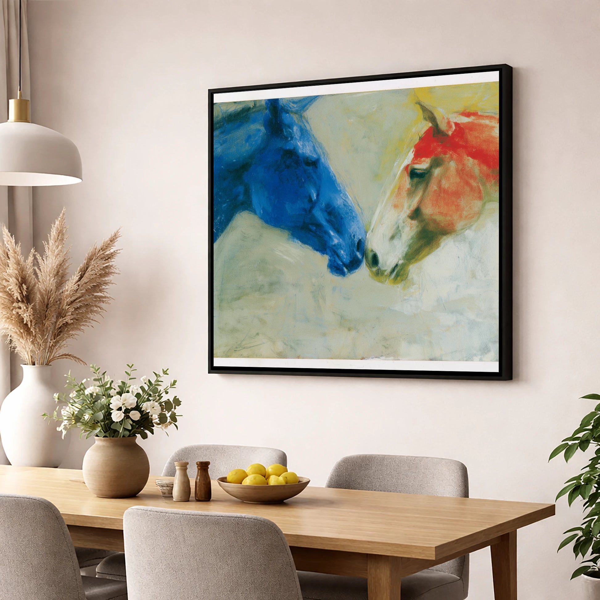 Cerulean and Crimson Bond horse portrait wall art displayed in a dining room
