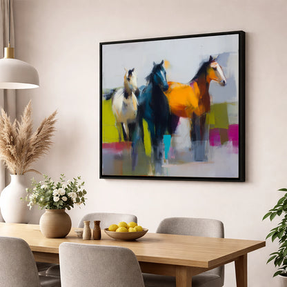 Vivid Equine Companions wild horses wall art displayed in a dining room