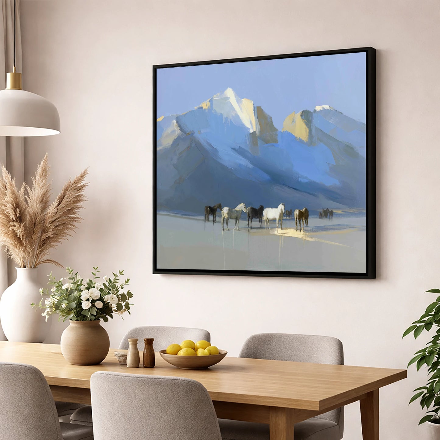 Glacial Heights horse landscape wall art displayed in a dining room