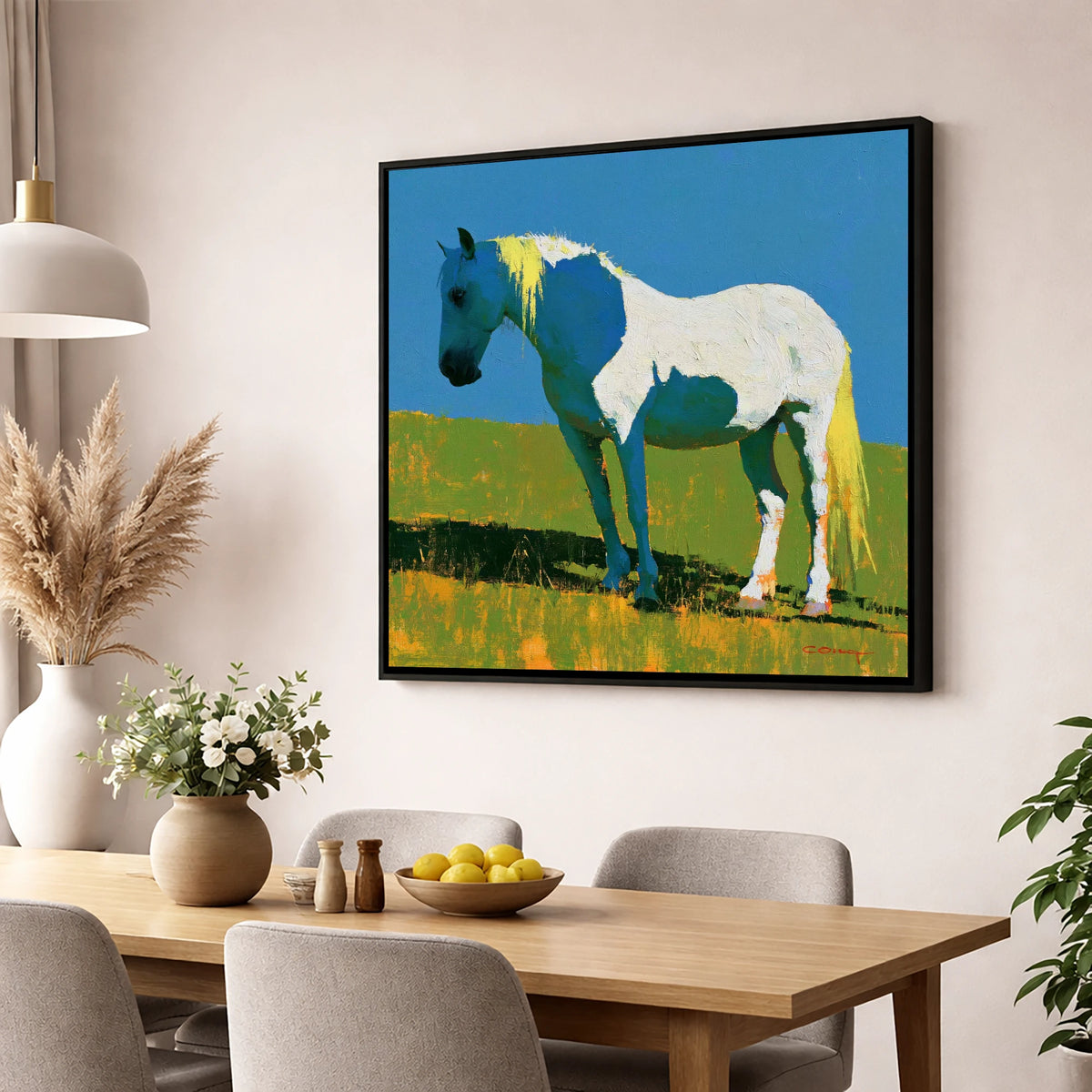 White Horse With Indigo Shadows horse breed wall art displayed in a dining room
