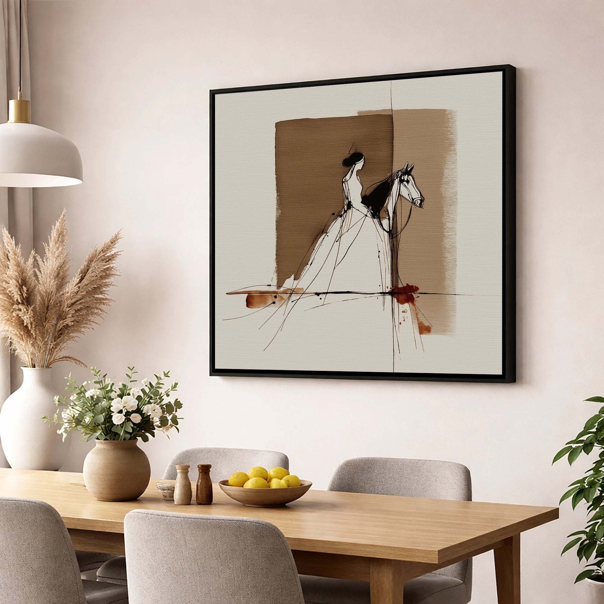 Bound in Sepia horse & rider wall art displayed in a dining room