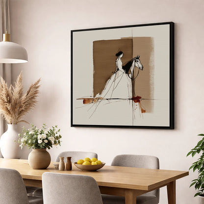 Bound in Sepia horse & rider wall art displayed in a dining room