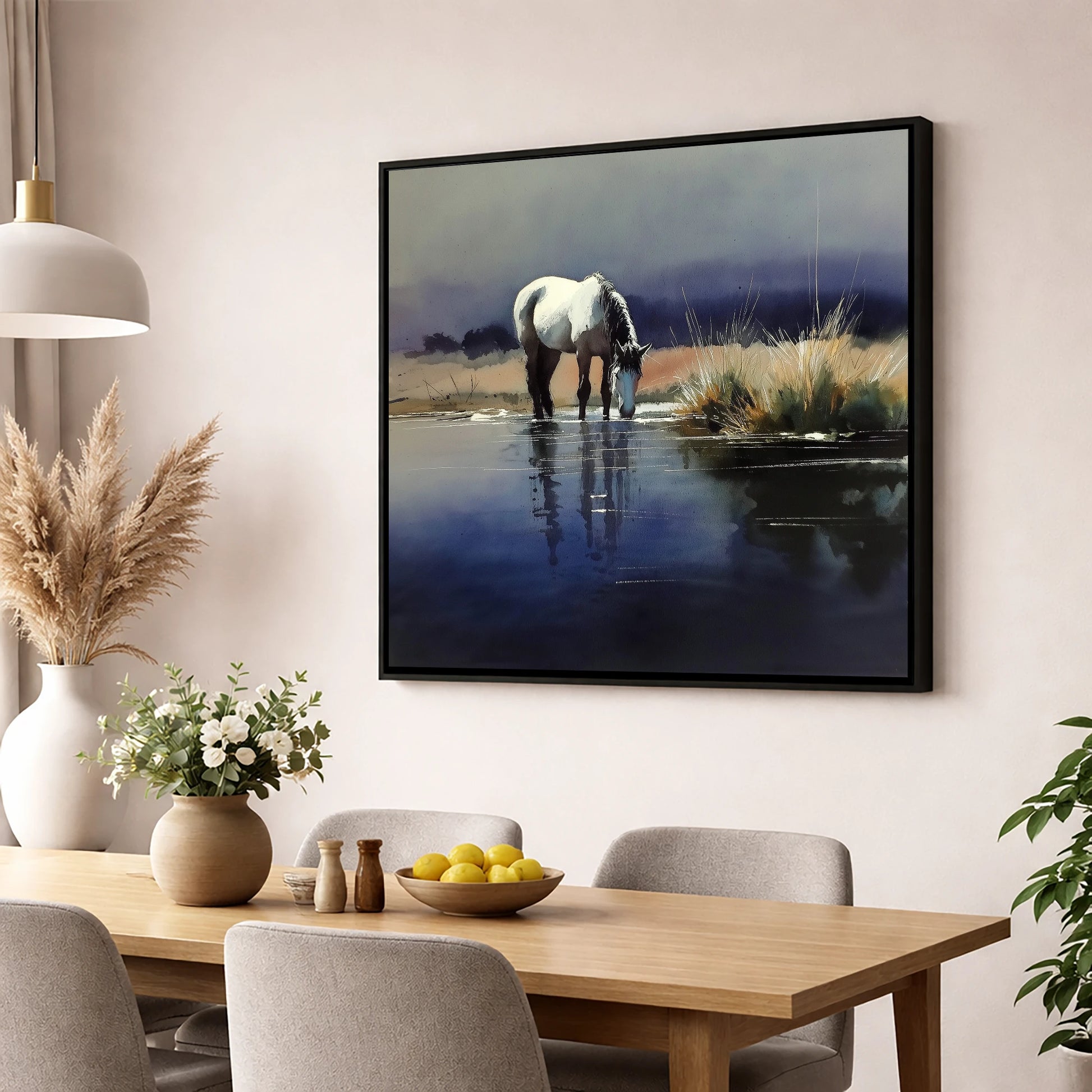 Indigo Reflections horse landscape wall art displayed in a dining room