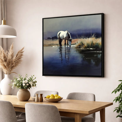 Indigo Reflections horse landscape wall art displayed in a dining room