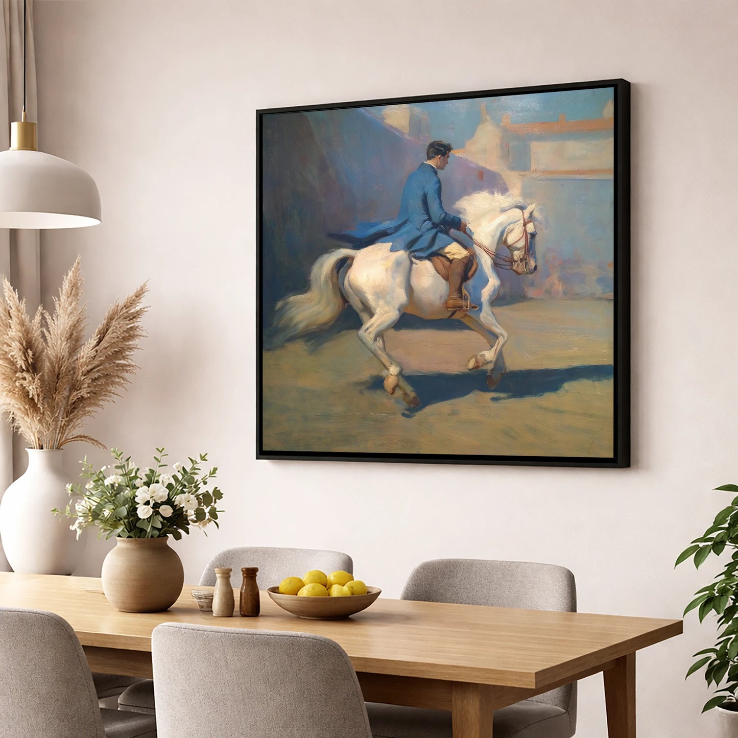 Grace in Blue and Grey dressage horse wall art displayed in a dining room