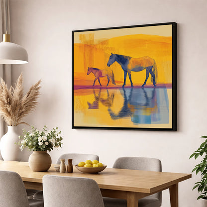 Golden Reflections horse landscape wall art displayed in a dining room