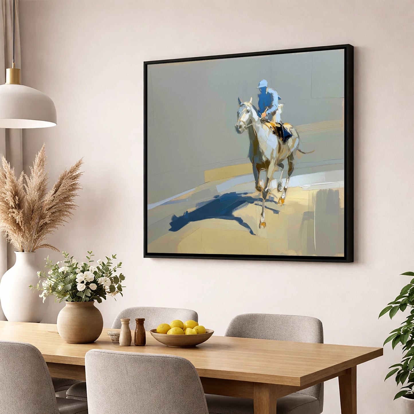 Shadows in the Paddock racing horse wall art displayed in a dining room