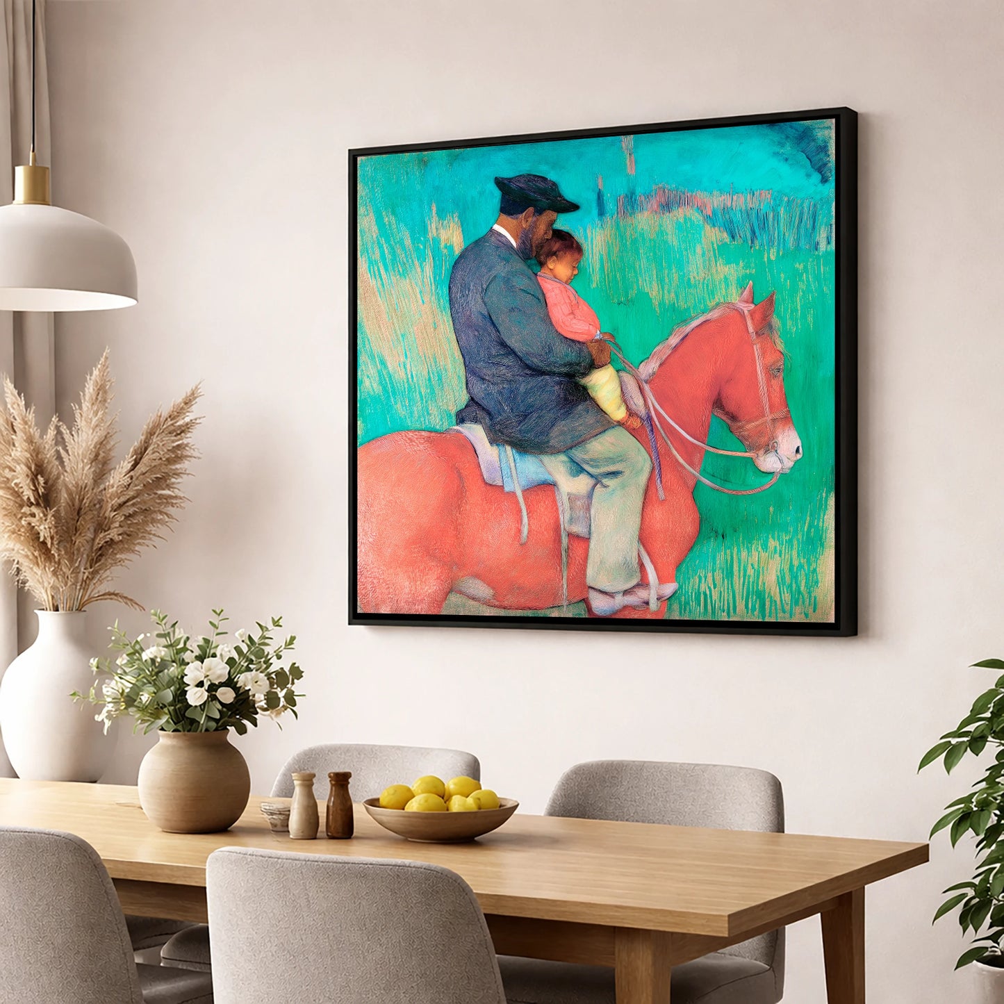 The Shared Ride horse & rider wall art displayed in a dining room