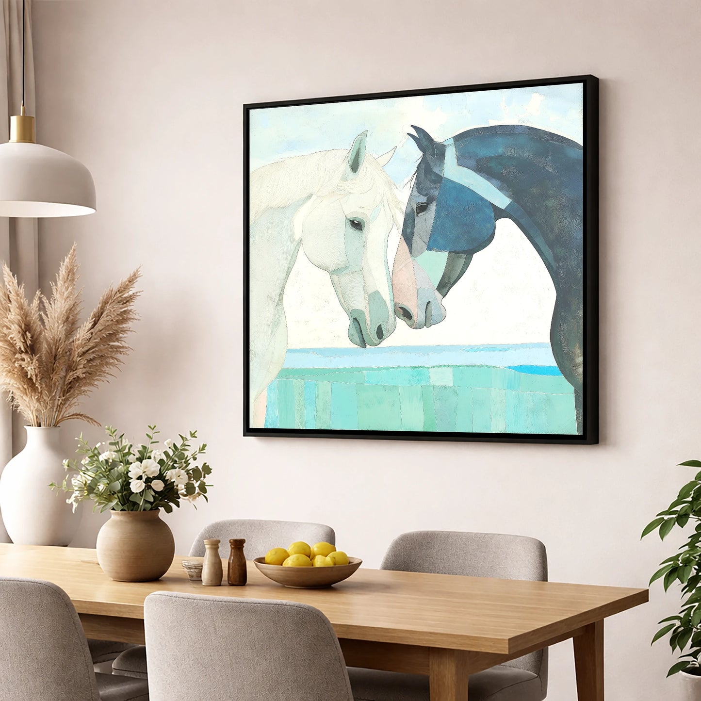 The Gentle Greeting horse portrait wall art displayed in a dining room