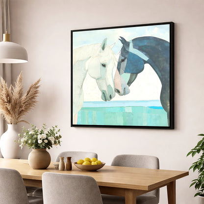 The Gentle Greeting horse portrait wall art displayed in a dining room