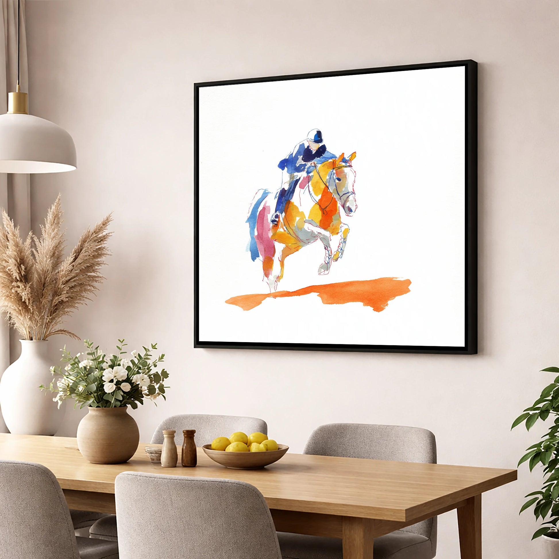 Flight In Colour show jumping horse wall art displayed in a dining room