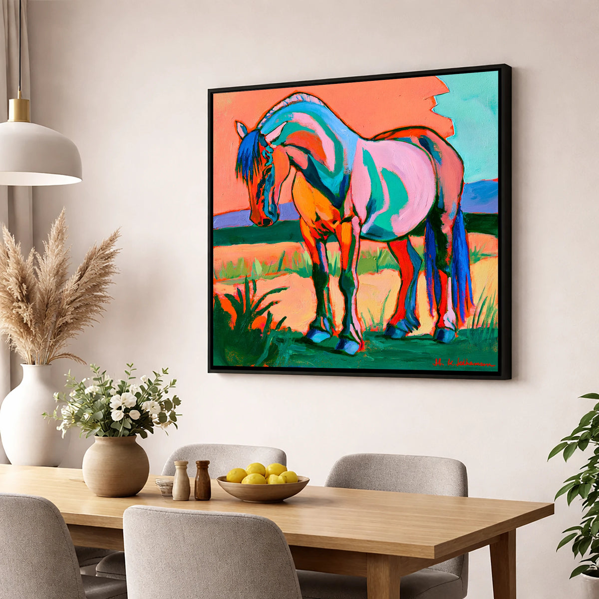 Colourful Contemporary Standing Horse horse breed wall art displayed in a dining room