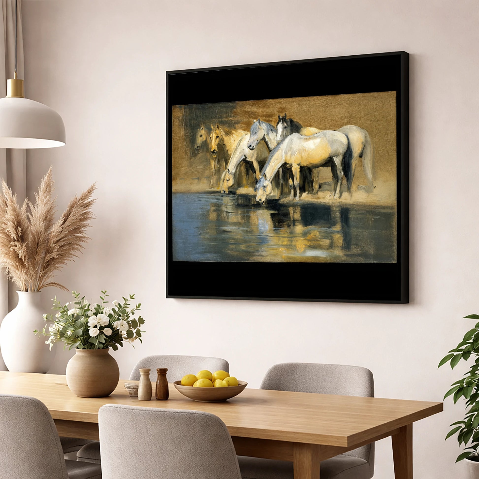 Reflections of the Herd wild horses wall art displayed in a dining room
