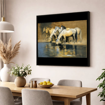 Reflections of the Herd wild horses wall art displayed in a dining room