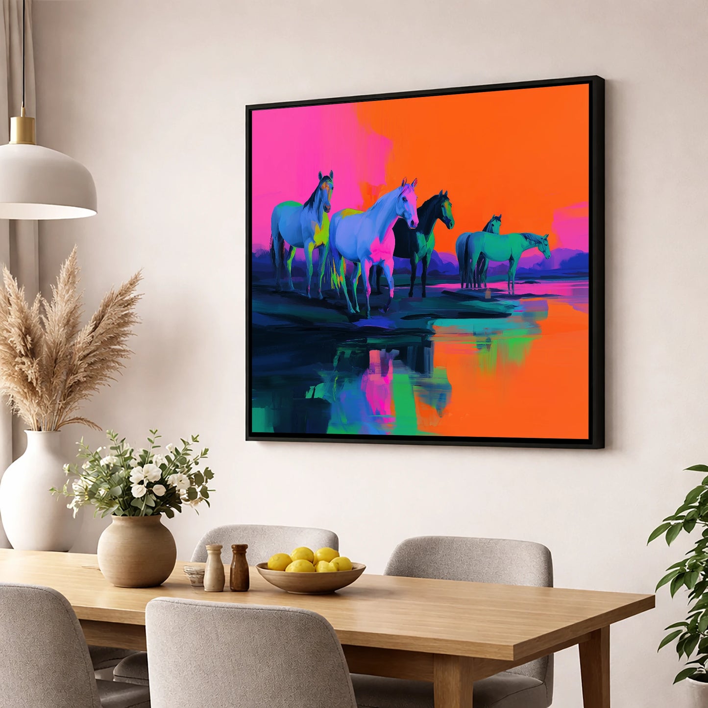 Electric Sunset Herd wild horses wall art displayed in a dining room