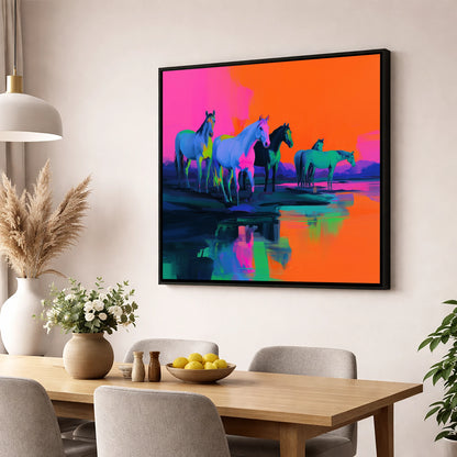 Electric Sunset Herd wild horses wall art displayed in a dining room