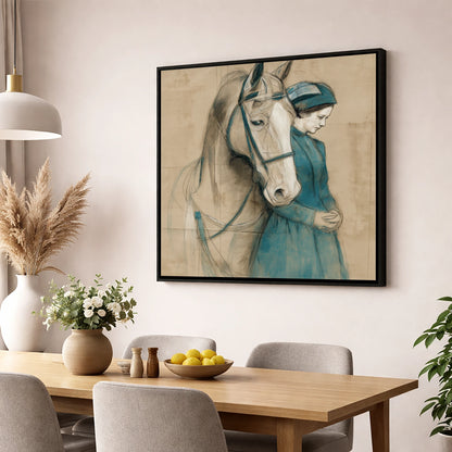 Silent Bond horse & rider wall art displayed in a dining room