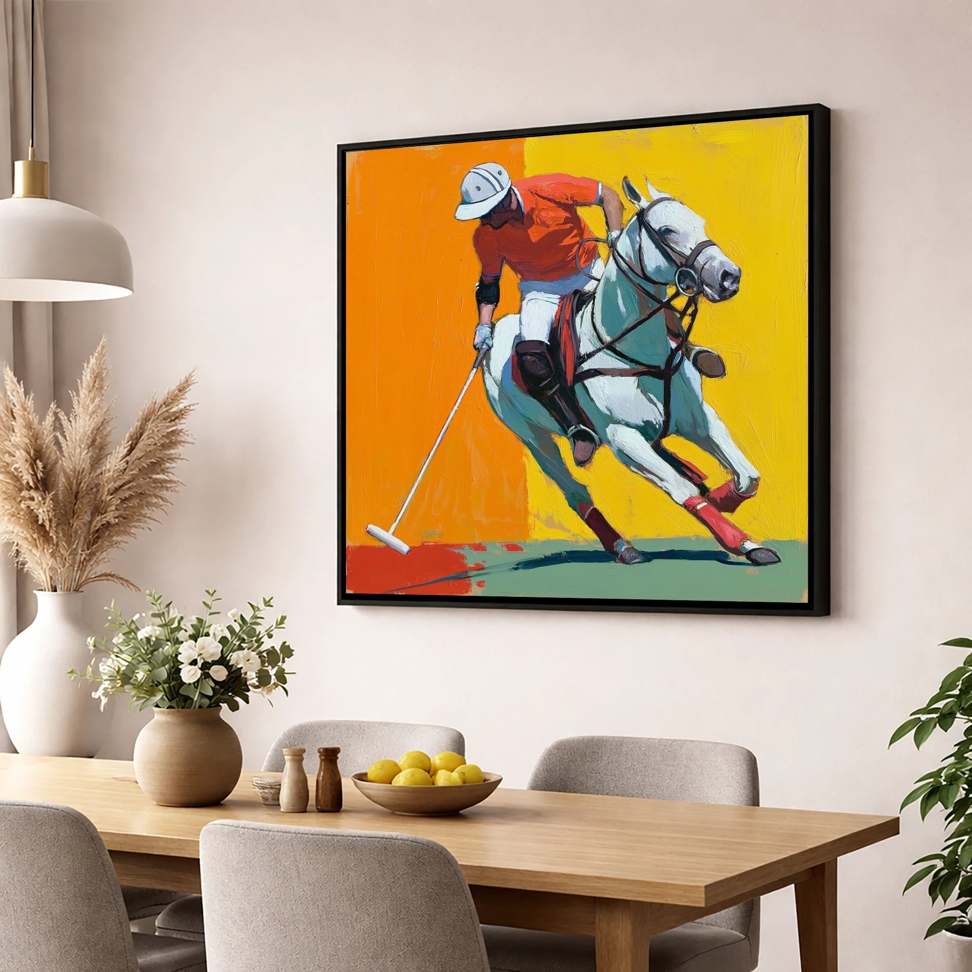 Mid-Swing Momentum polo horse wall art displayed in a dining room