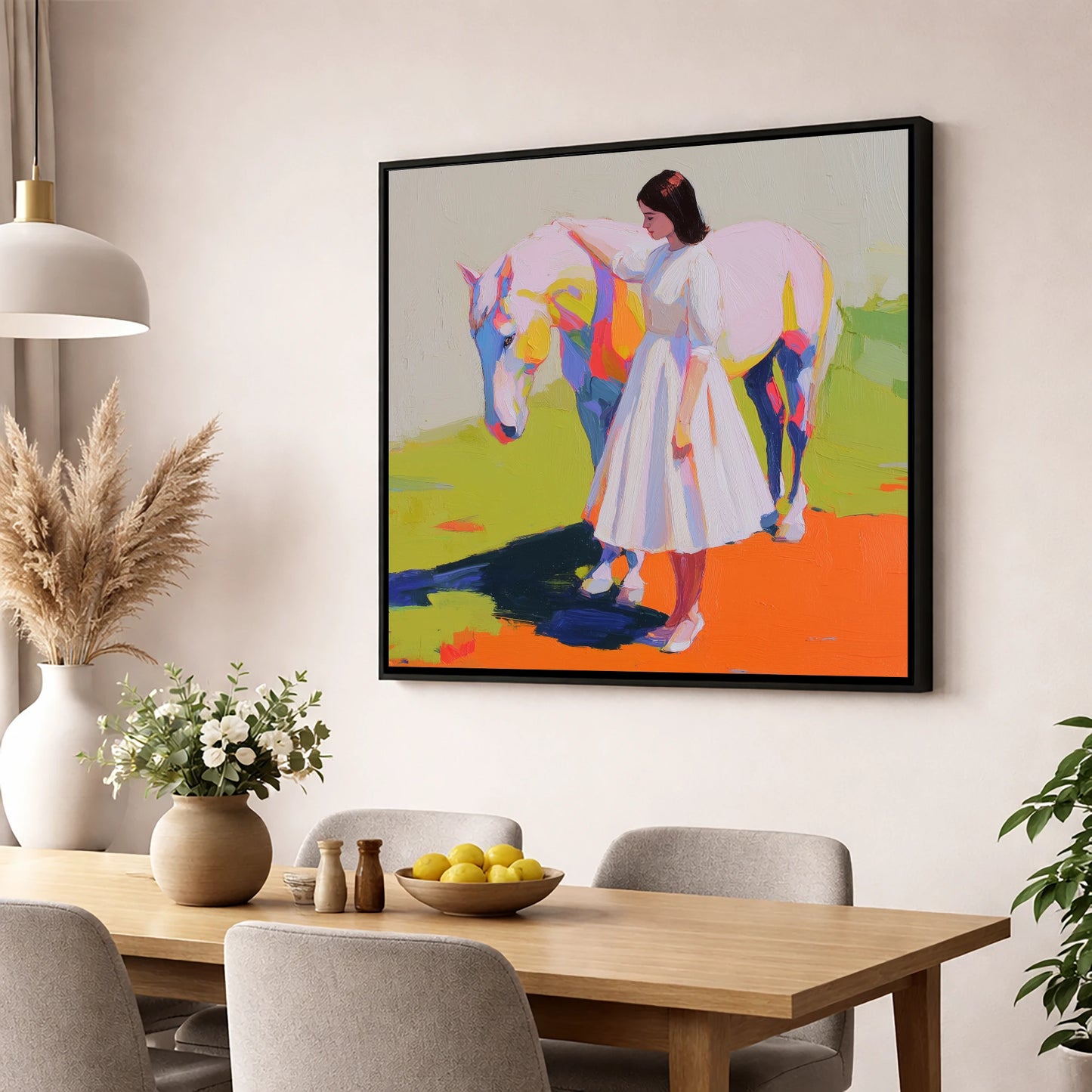 Radiant Connection horse & rider wall art displayed in a dining room
