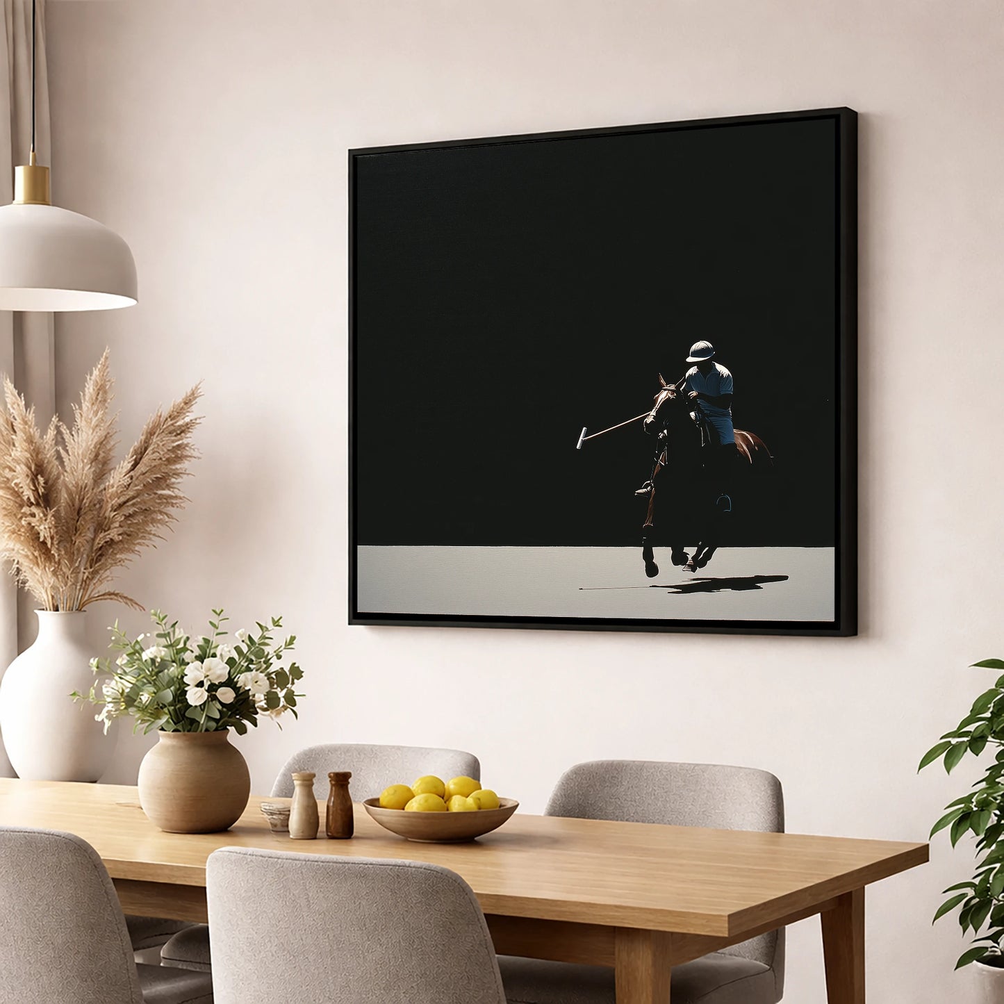 Shadows of the Chukka polo horse wall art displayed in a dining room
