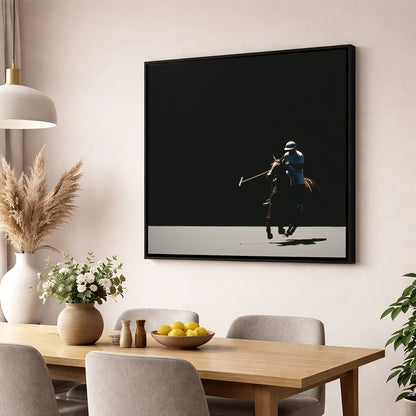 Shadows of the Chukka polo horse wall art displayed in a dining room