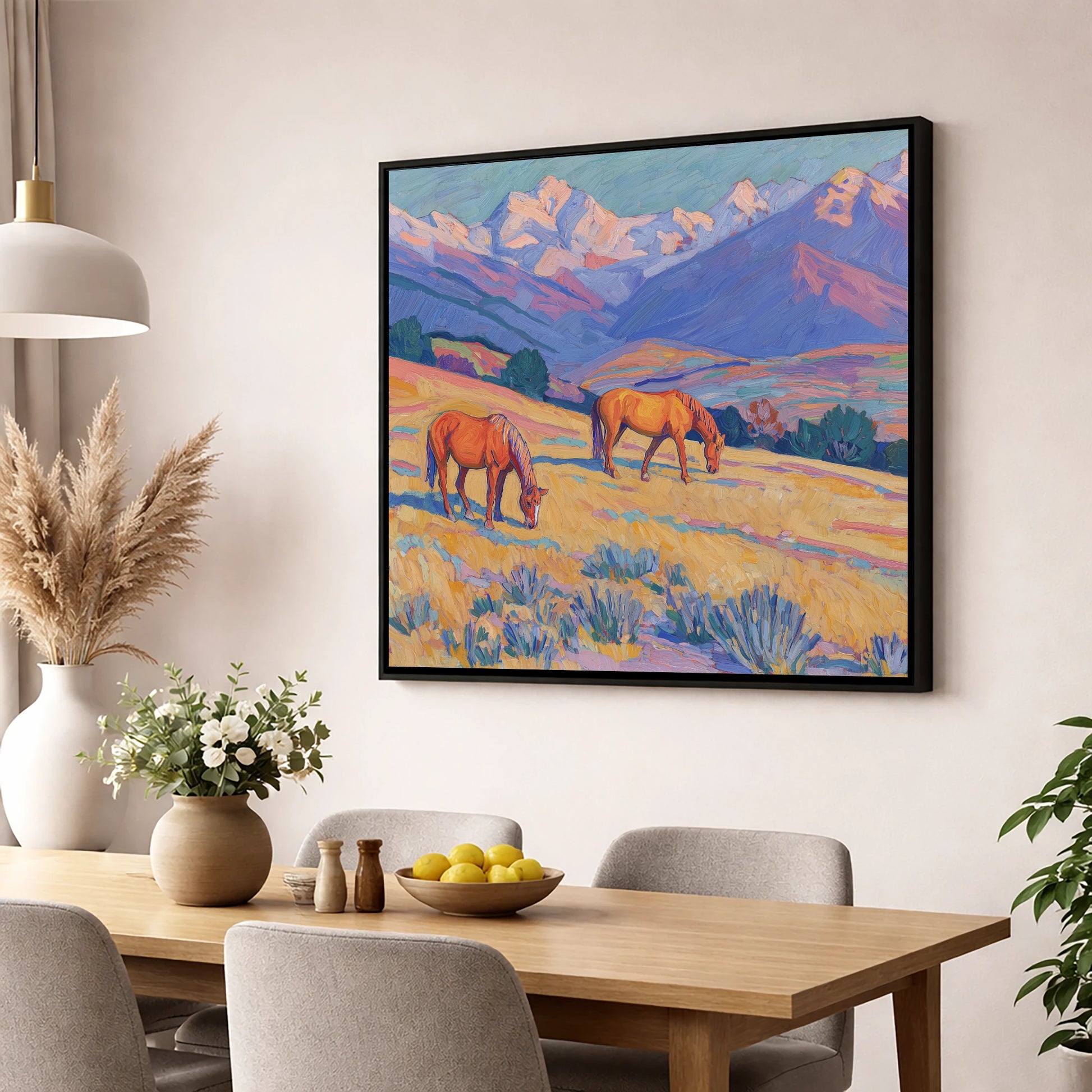 Grazing Beneath Violet Peaks horse landscape wall art displayed in a dining room