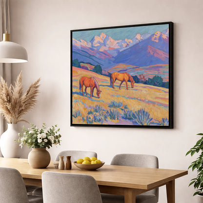 Grazing Beneath Violet Peaks horse landscape wall art displayed in a dining room