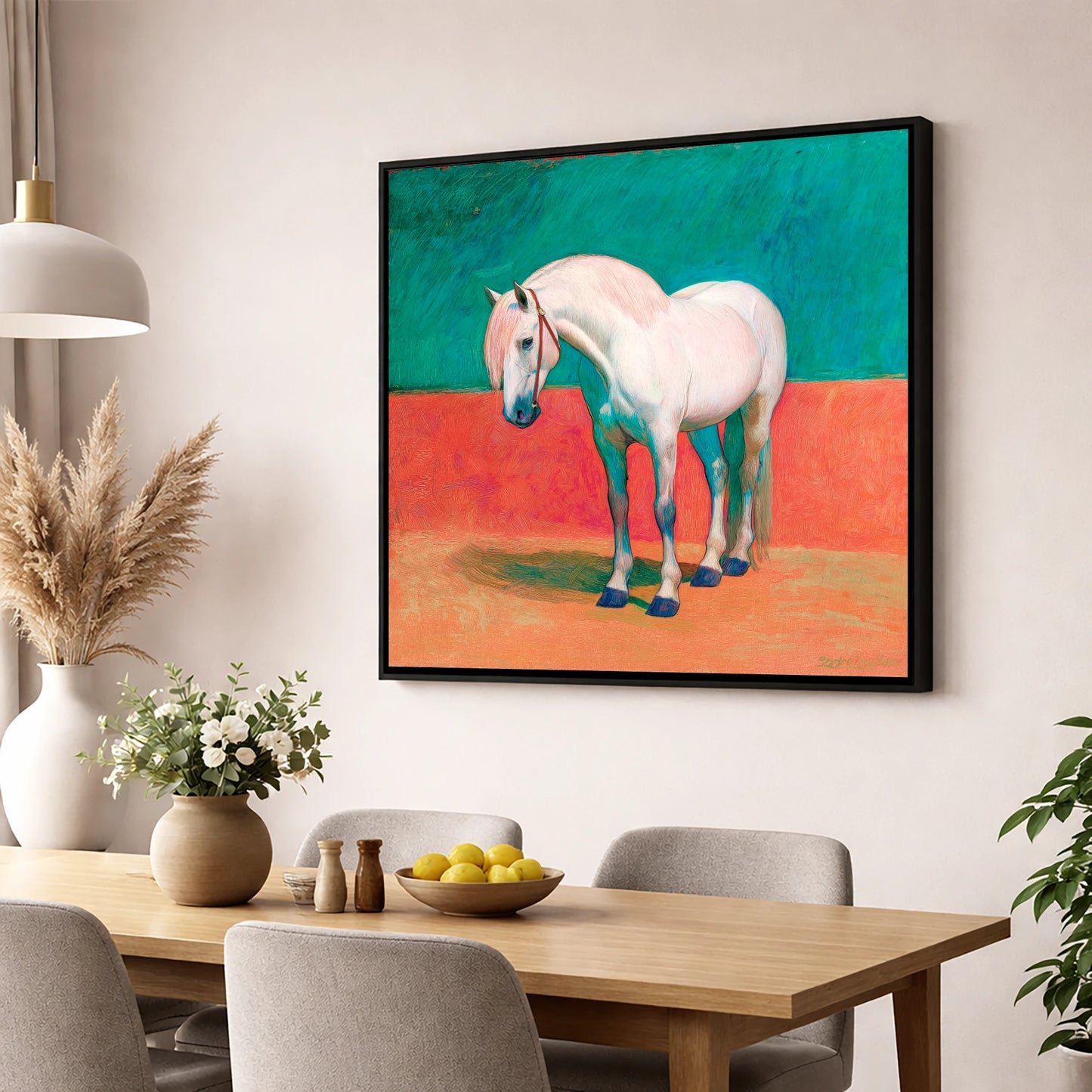 The Painted Grey horse breed wall art displayed in a dining room