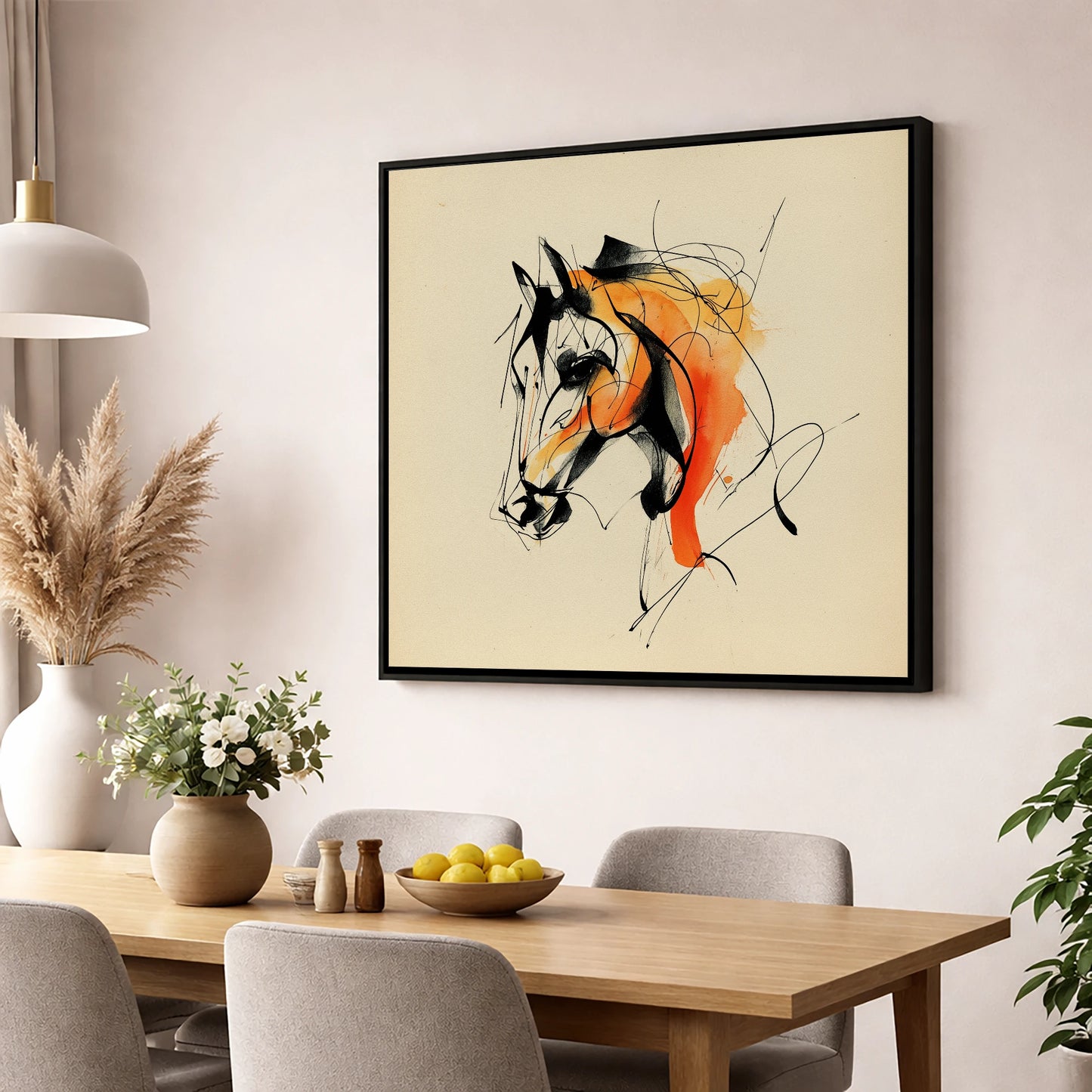 Amber Vitality horse portrait wall art displayed in a dining room