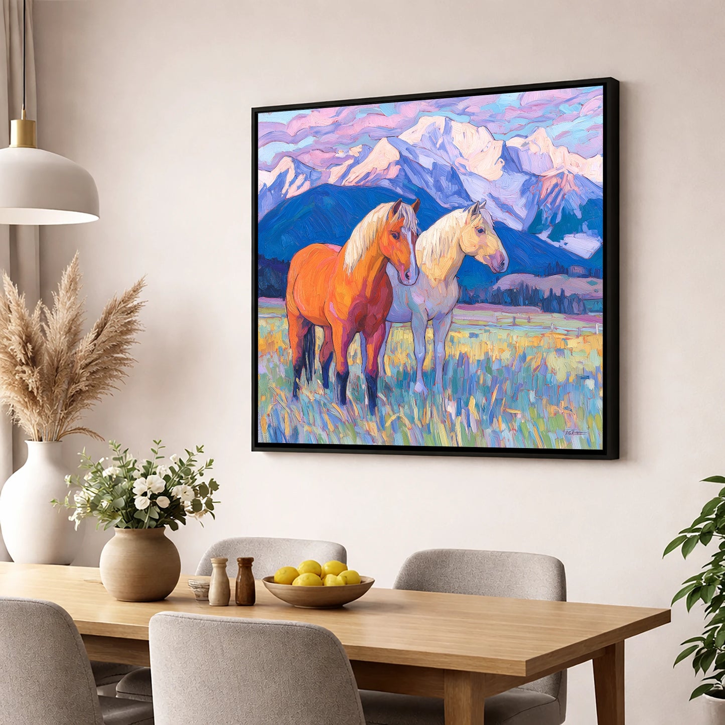 Painted Mountain Pasture horse landscape wall art displayed in a dining room