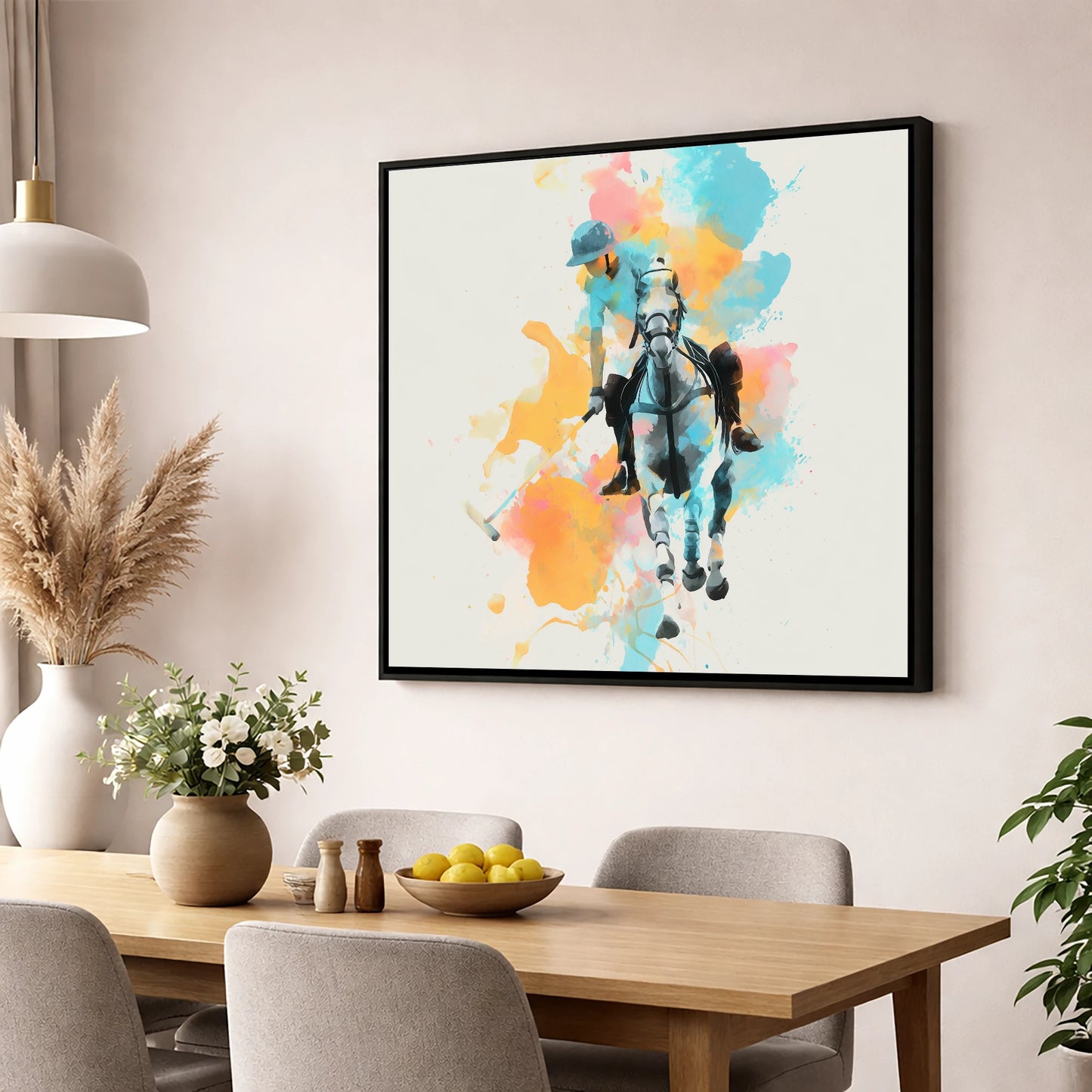 The Perfect Strike polo horse wall art displayed in a dining room