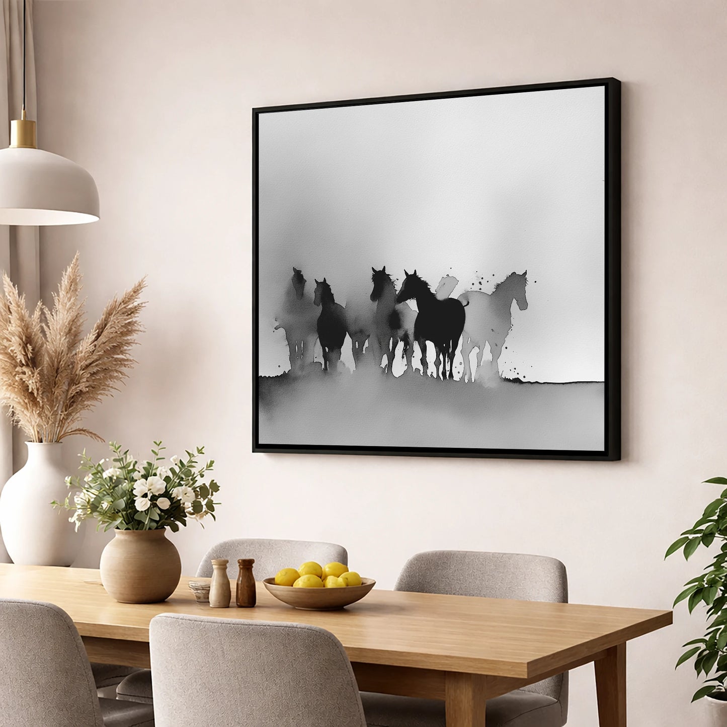Ethereal Herd Silhouettes wild horses wall art displayed in a dining room
